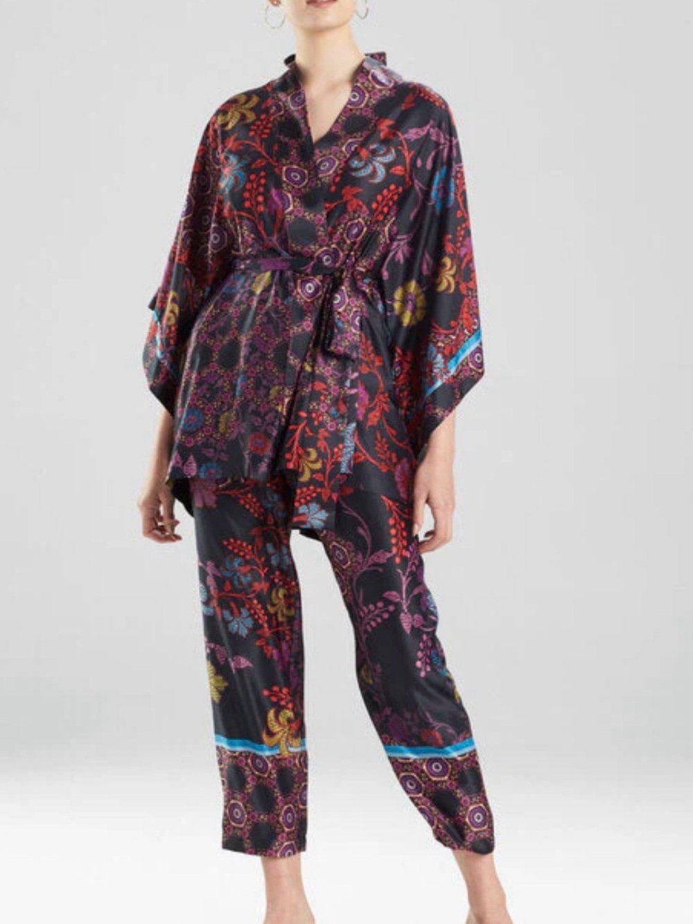 Natori Samarkand Black Floral & Paisley Print Kimono Shirt